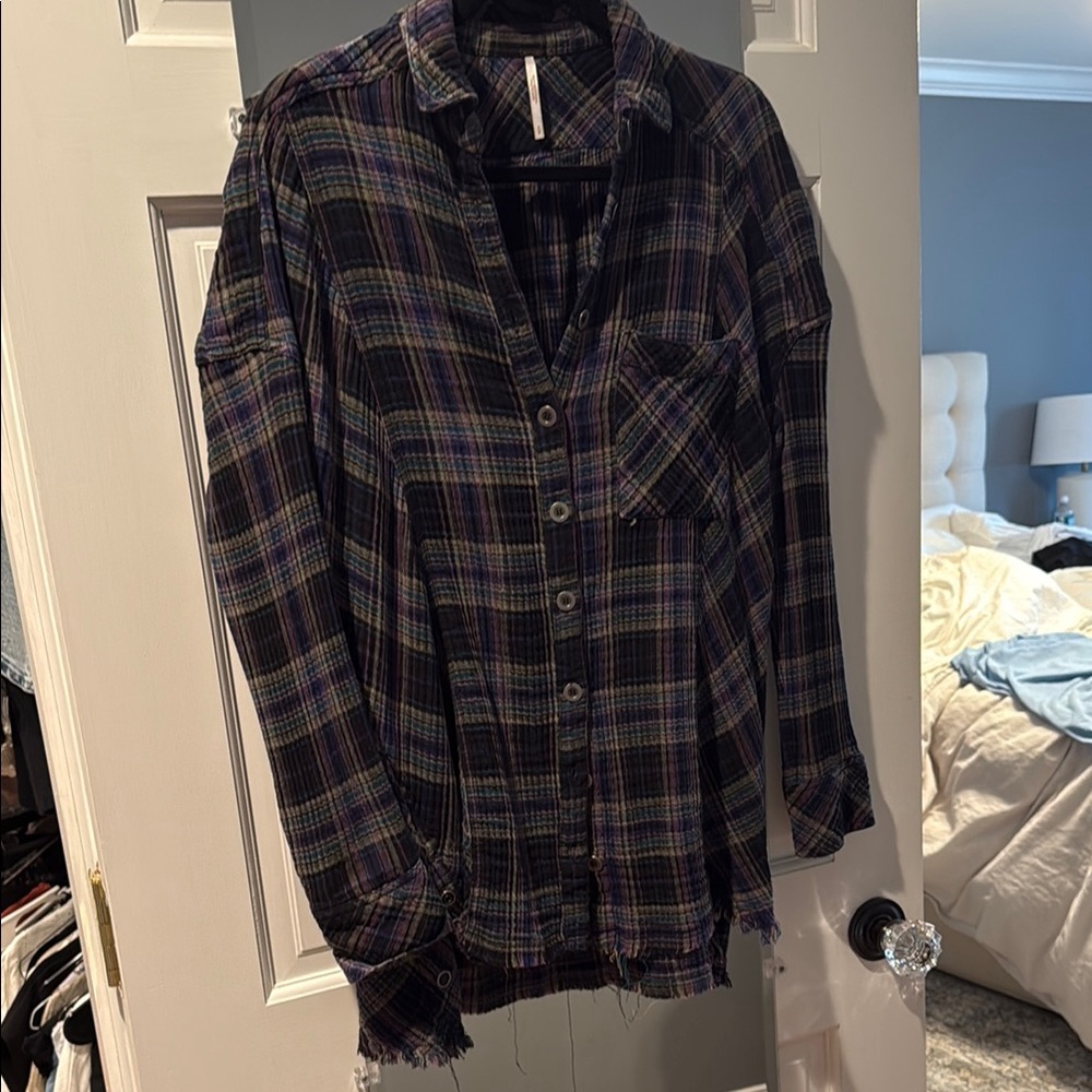 Free People Blue and Black Casual Button Down Shirt